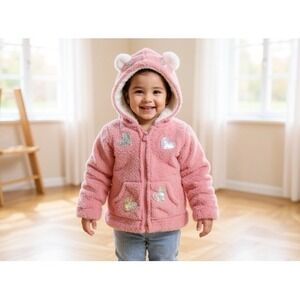 Betsey Johnson Kids Pink Fuzzy Hooded Jacket‎ with Heart Appliques Size 5 whismy